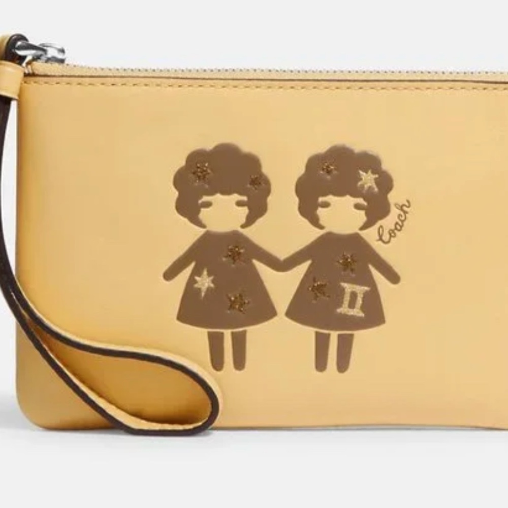 NWT Coach Corner Zip Zodiac Wristlet In Canvas Leather With Gemini CF535